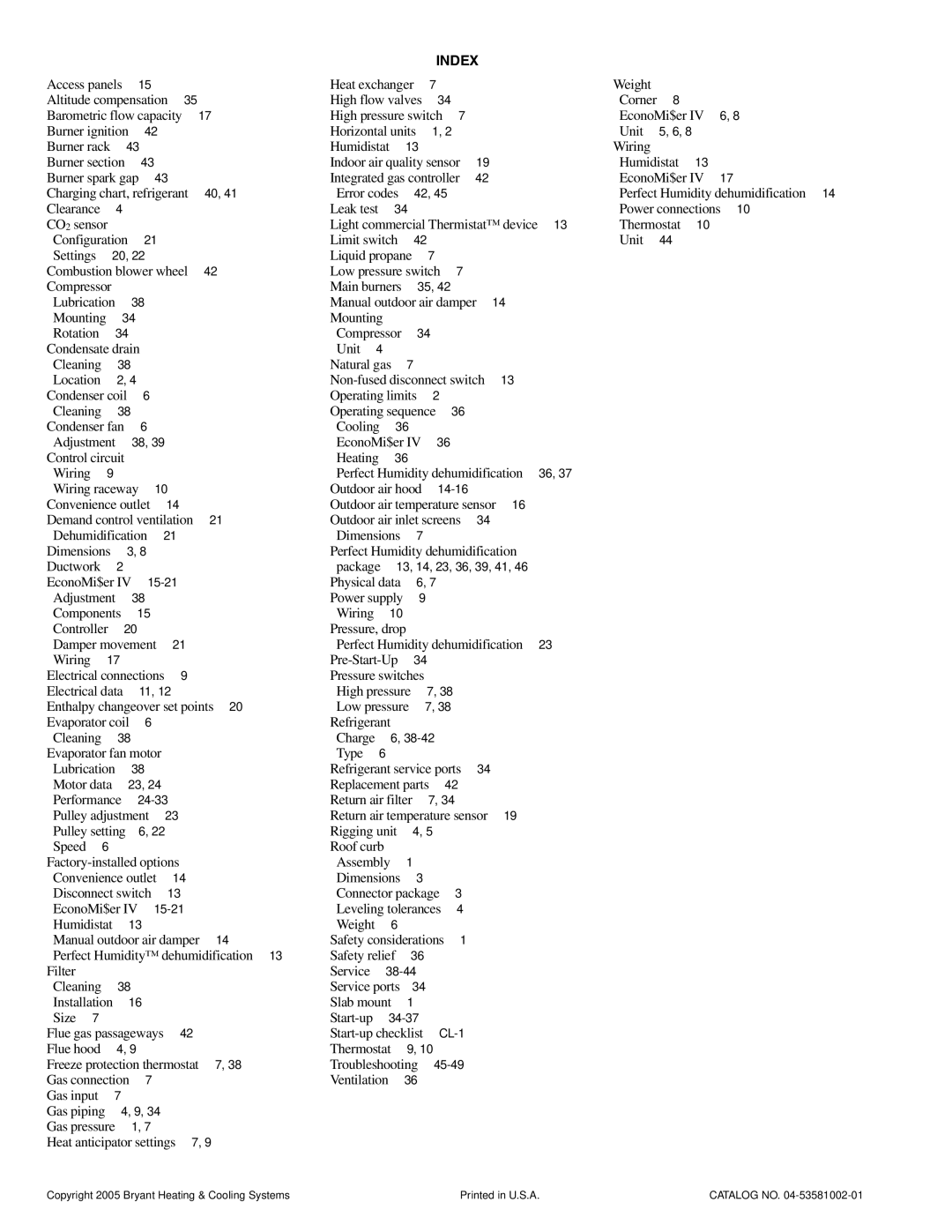 Bryant 581B installation instructions Index 