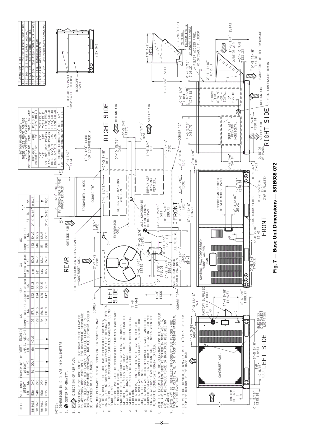 Bryant installation instructions Base Unit Dimensions 581B036-072 