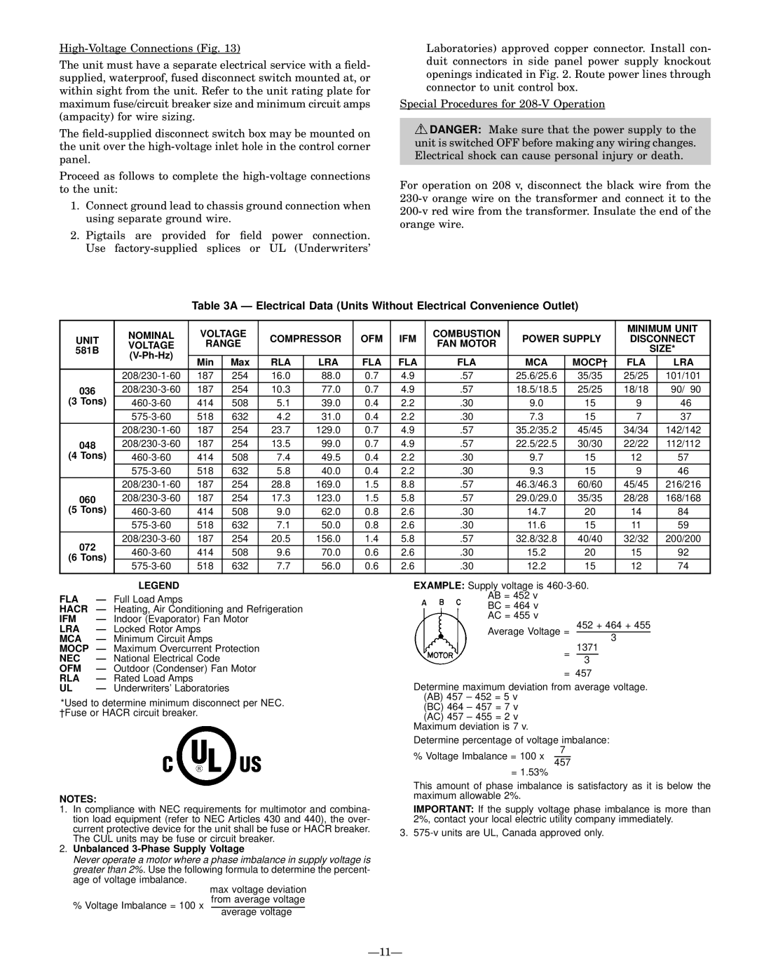 Bryant 581B Nominal Voltage Combustion Minimum Unit Compressor, Power Supply Disconnect Voltage Range FAN Motor, Hacr, Ifm 