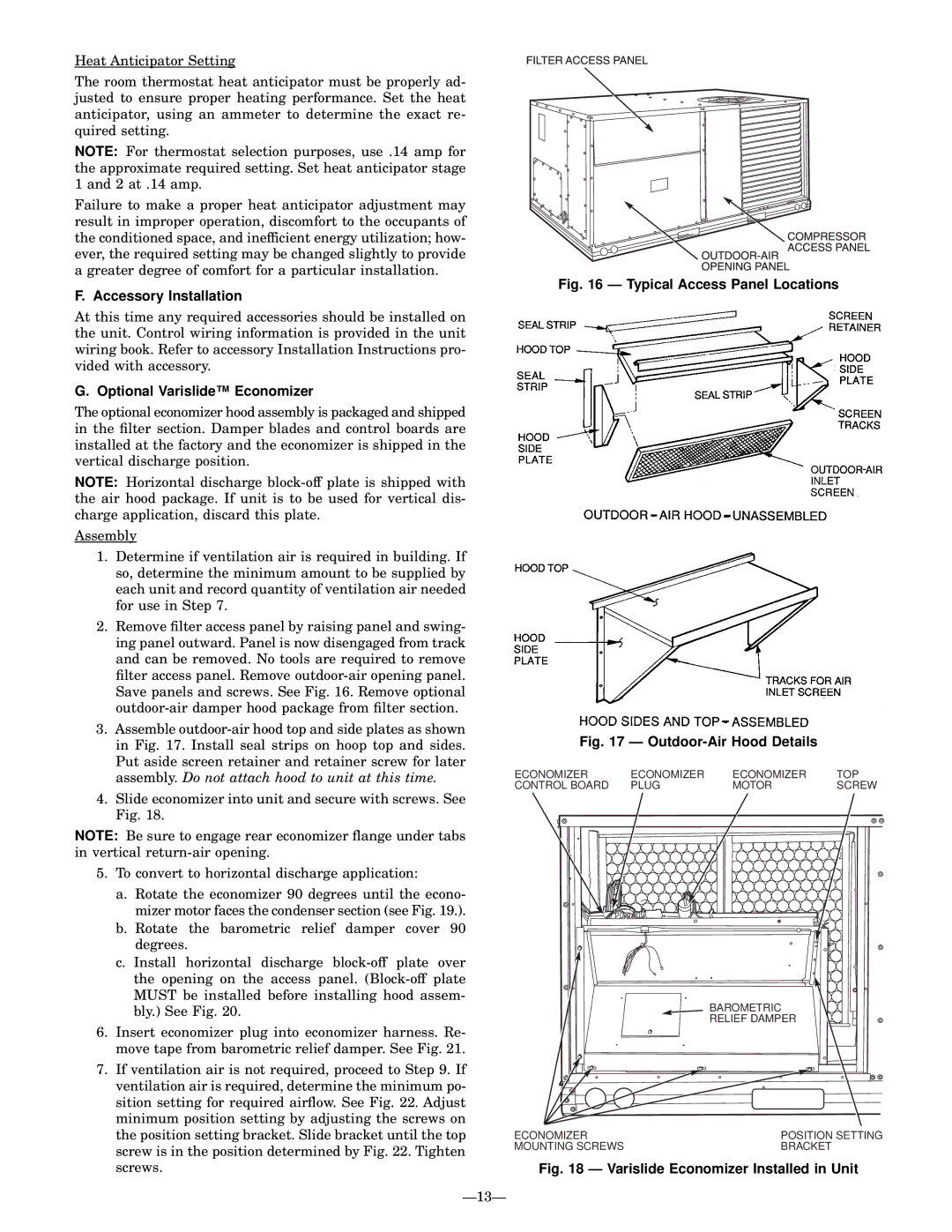 Bryant 581B installation instructions Typical Access Panel Locations Accessory Installation, Optional Varislide Economizer 