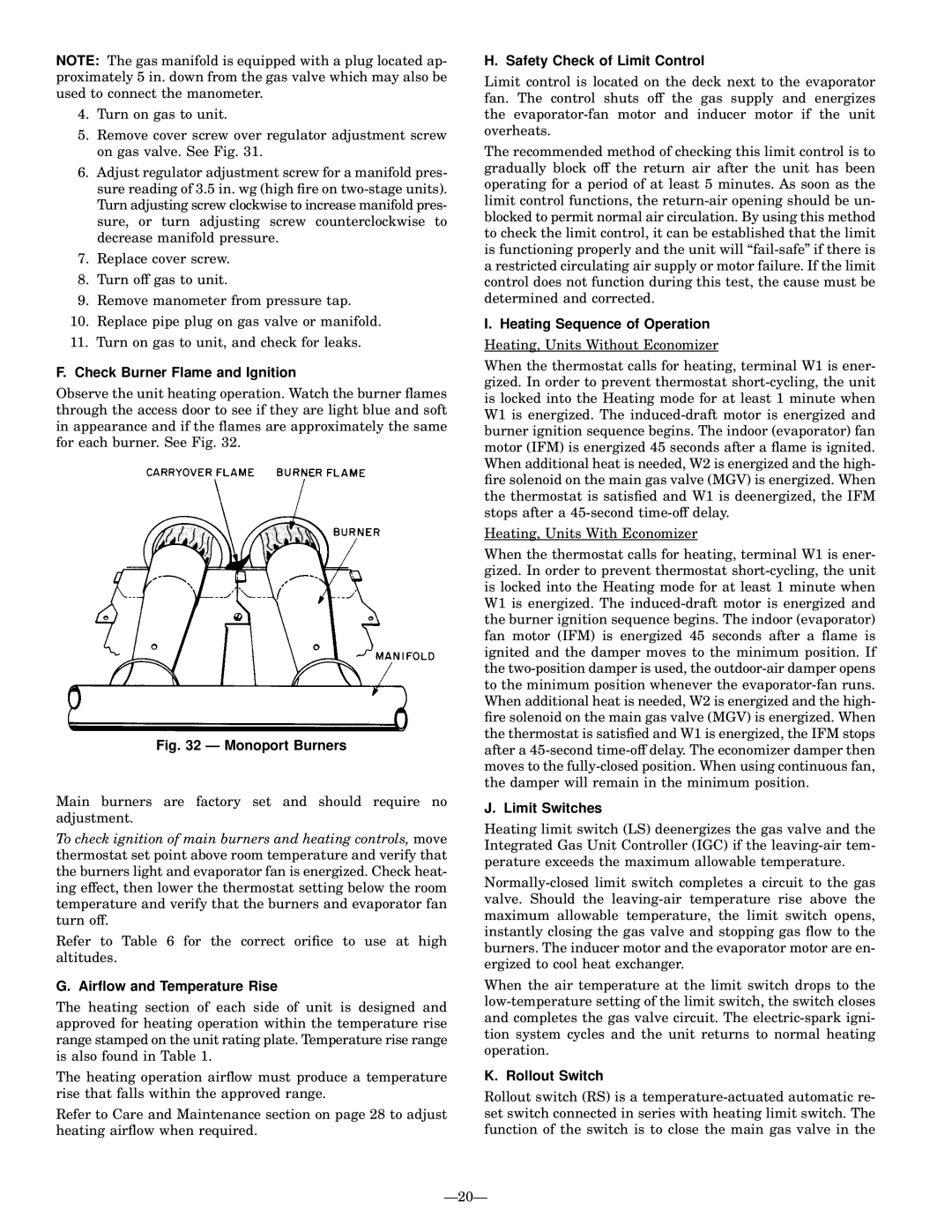 Bryant 581B Check Burner Flame and Ignition, Air¯ow and Temperature Rise, Safety Check of Limit Control, Limit Switches 