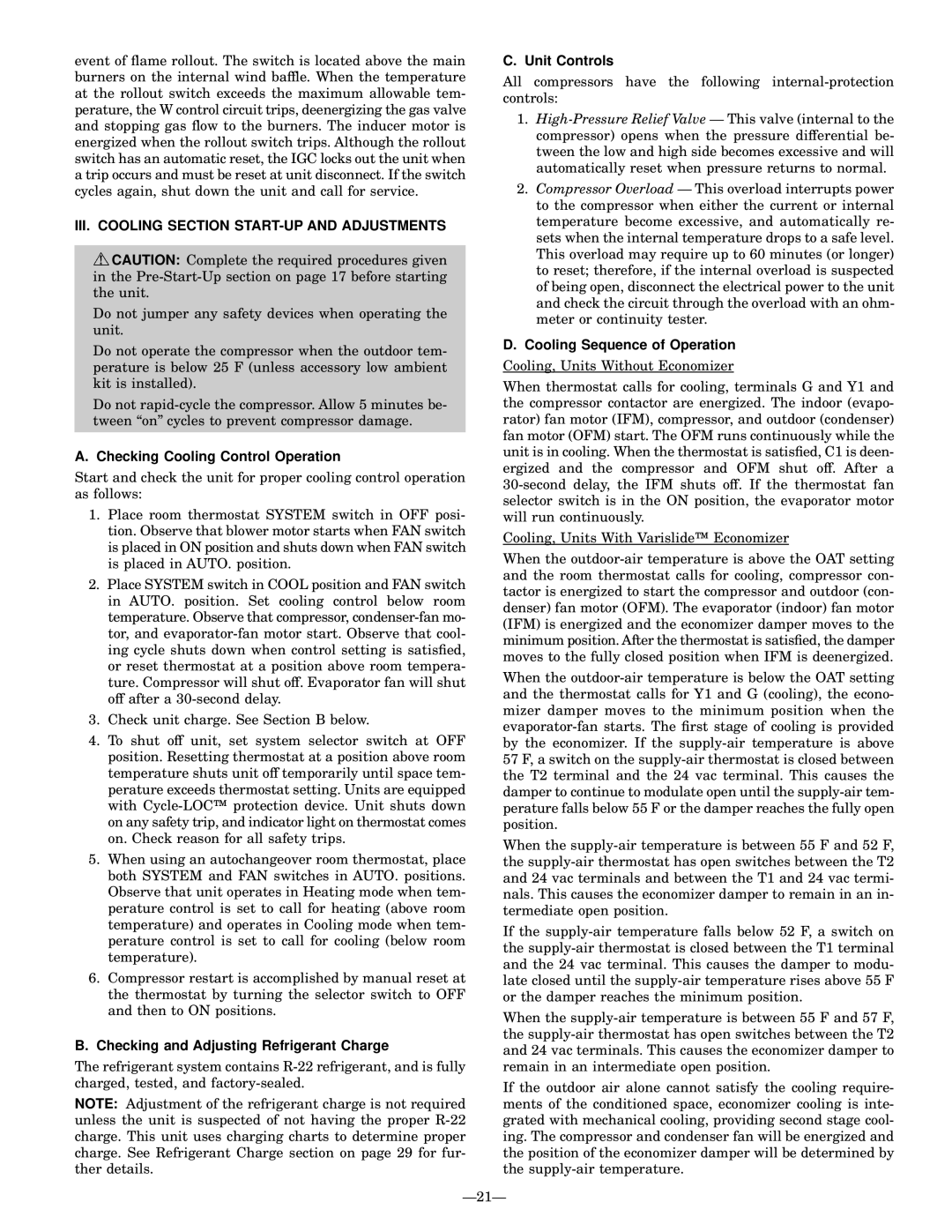 Bryant 581B III. Cooling Section START-UP and Adjustments, Checking Cooling Control Operation, Unit Controls 