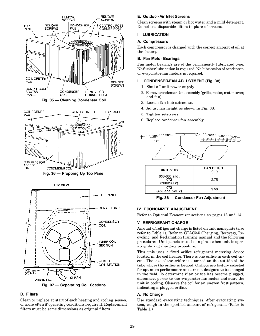 Bryant 581B installation instructions II. Lubrication, IV. Economizer Adjustment, Refrigerant Charge 