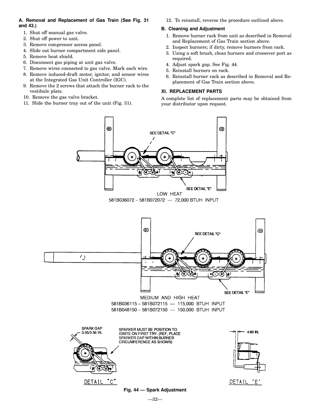 Bryant 581B Removal and Replacement of Gas Train See, Cleaning and Adjustment, XI. Replacement Parts 