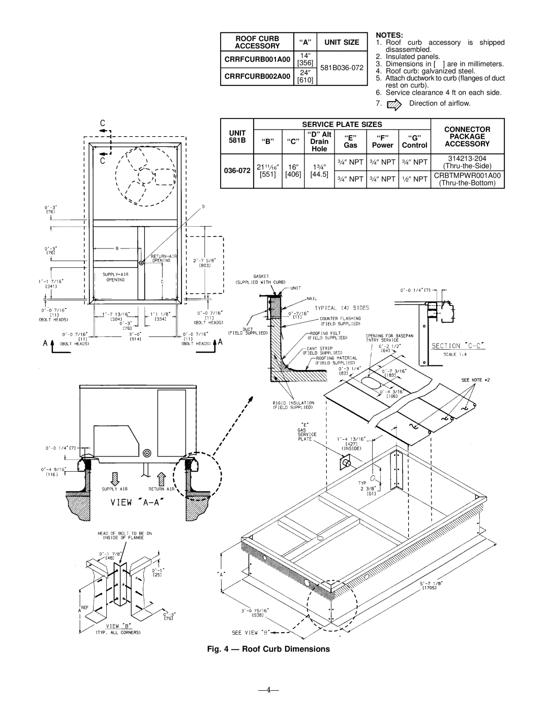 Bryant 581B Roof Curb, Unit Size, Accessory, CRRFCURB001A00, CRRFCURB002A00, Service Plate Sizes Connector Unit, Package 