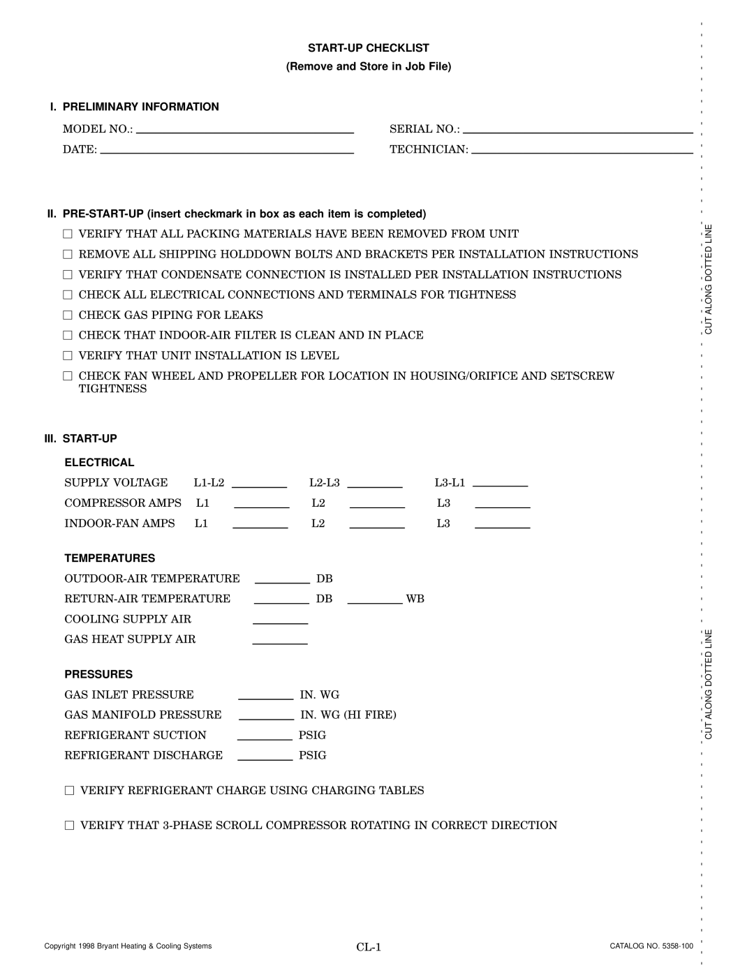 Bryant 581B START-UP Checklist, Preliminary Information, III. START-UP Electrical, Temperatures, Pressures 