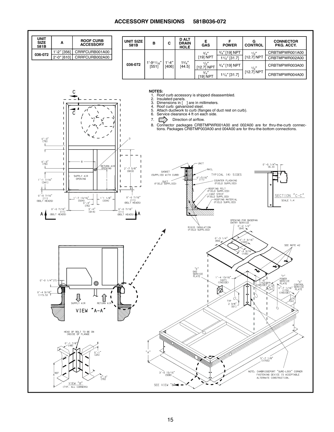 Bryant manual Accessory Dimensions 581B036-072 