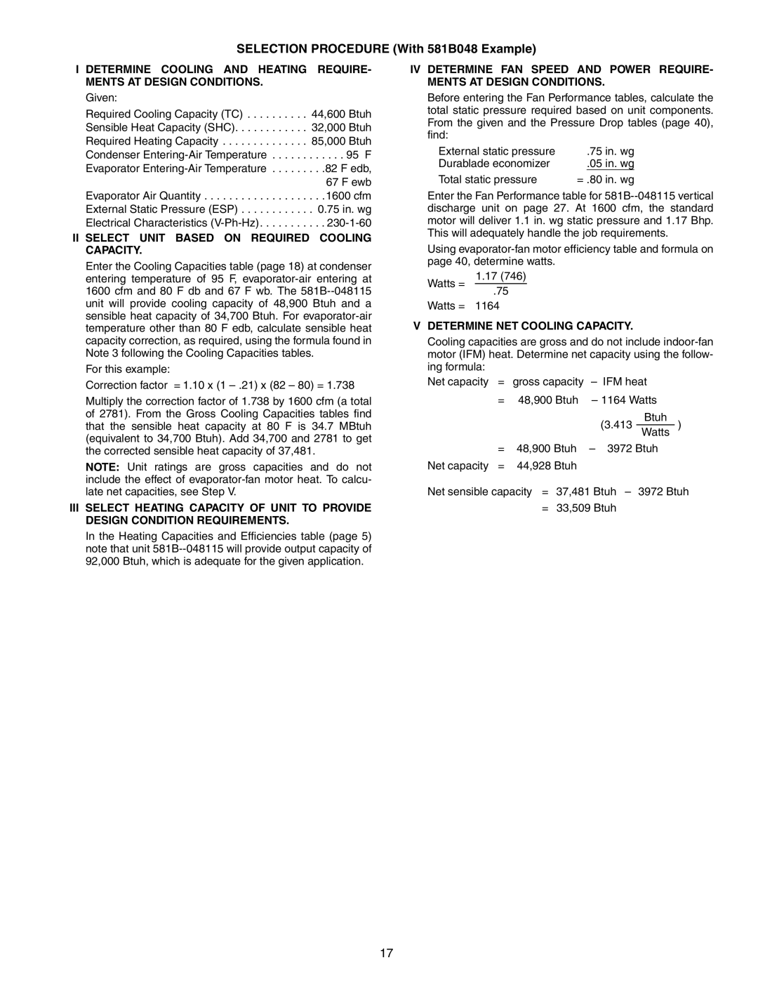 Bryant manual Selection Procedure With 581B048 Example, II Select Unit Based on Required Cooling Capacity 