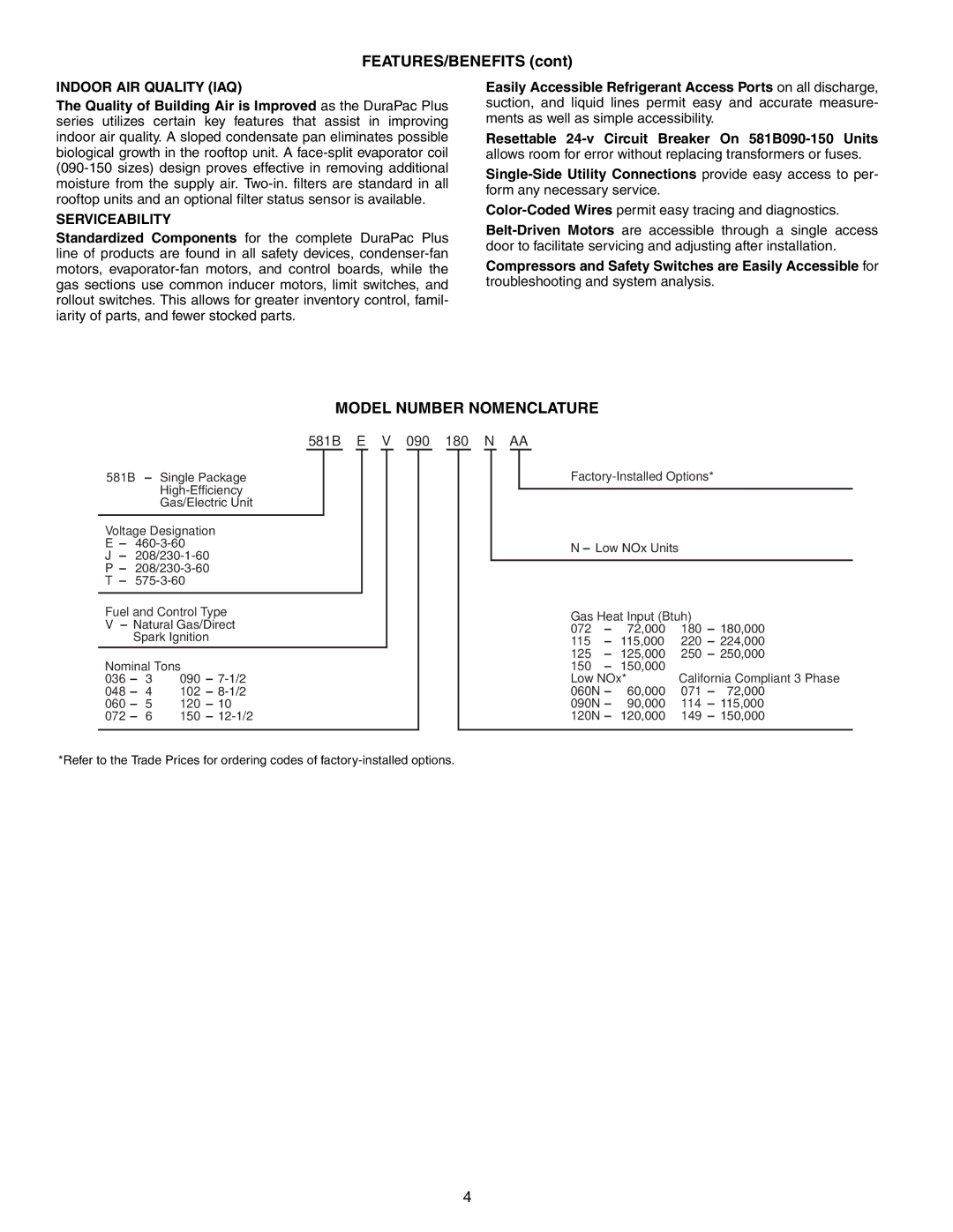 Bryant manual Model Number Nomenclature, Indoor AIR Quality IAQ, Serviceability, 581B E V 090 180 N AA 