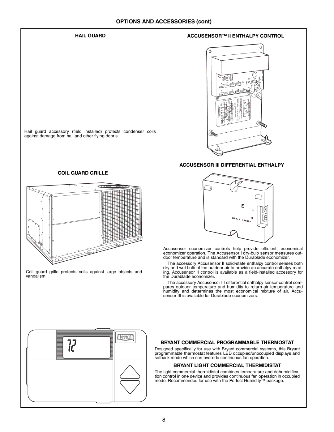 Bryant 581B manual Hail Guard Accusensor II Enthalpy Control, Coil Guard Grille, Bryant Commercial Programmable Thermostat 