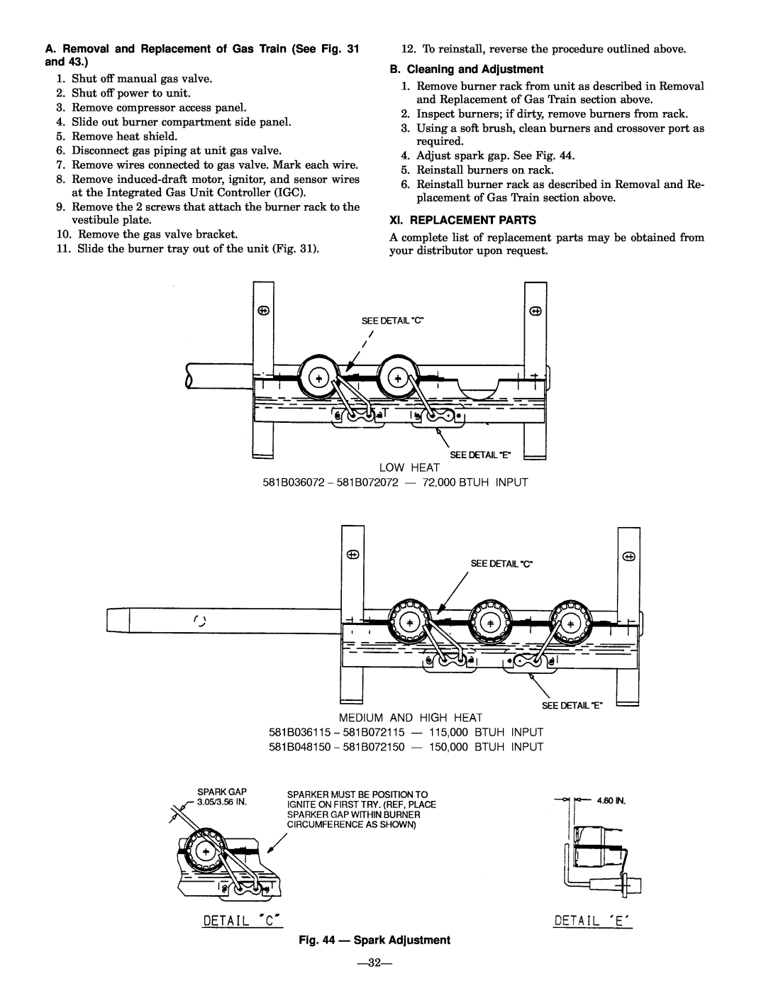 Bryant 581B installation instructions B.Cleaning and Adjustment, Xi. Replacement Parts, Ð Spark Adjustment 