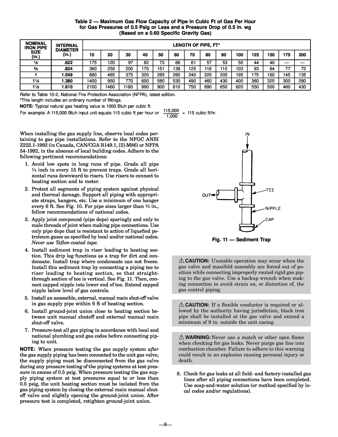 Bryant 581B installation instructions Based on a 0.60 Specic Gravity Gas, Ð Sediment Trap 