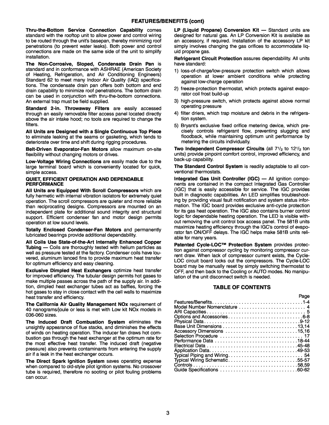Bryant 581B manual Table Of Contents, FEATURES/BENEFITS cont 