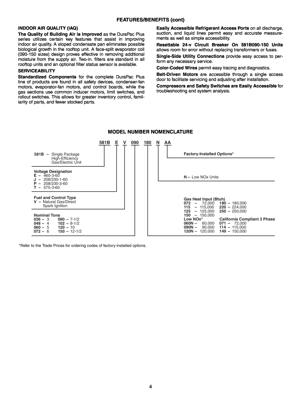 Bryant 581B manual Model Number Nomenclature, FEATURES/BENEFITS cont 