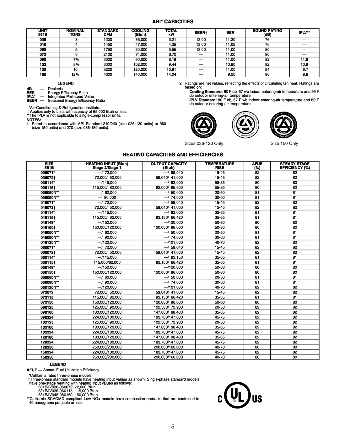 Bryant 581B manual Ari* Capacities, Heating Capacities And Efficiencies, Sizes 036-120OnlySize 150 Only 
