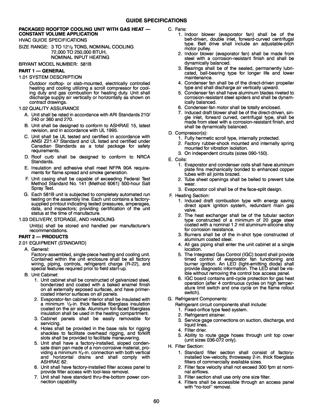 Bryant 581B manual Guide Specifications, PART 1 — GENERAL, PART 2 - PRODUCTS 