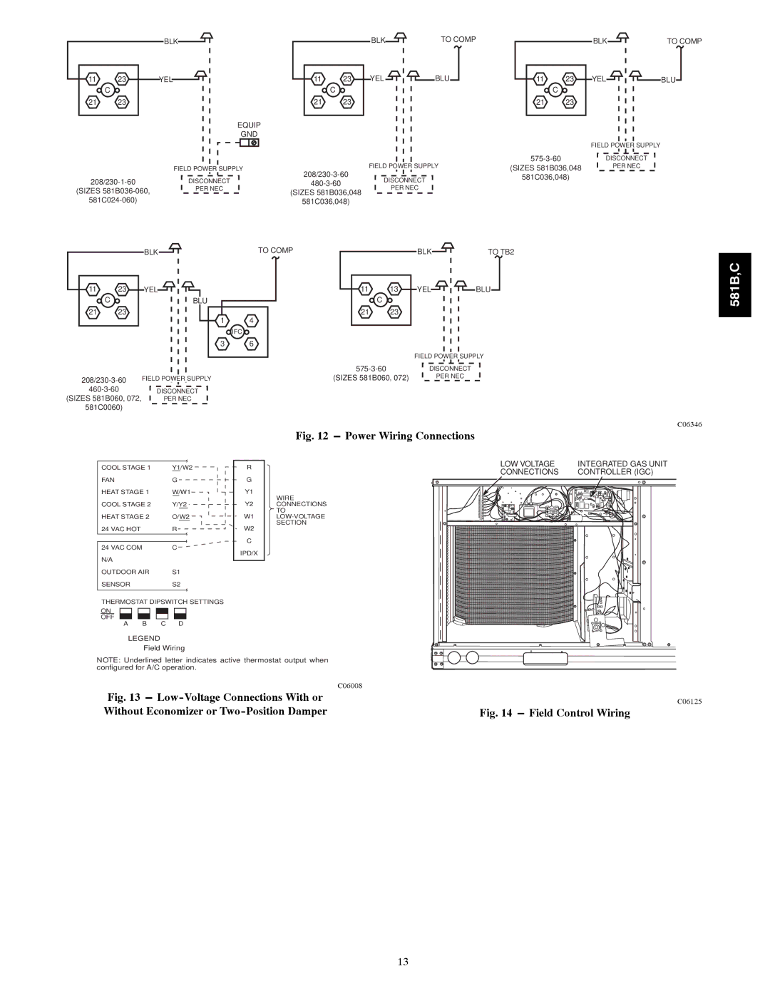 Bryant 581B036--072, 581C024--060 installation instructions Power Wiring Connections 