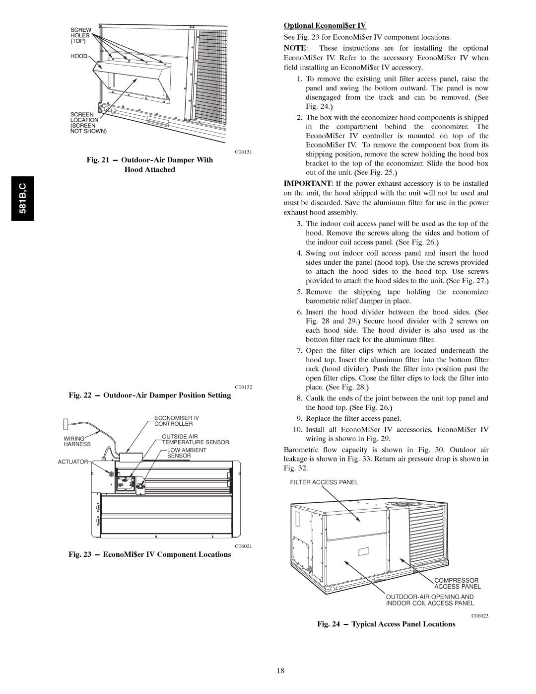 Bryant 581C024--060, 581B036--072 installation instructions Outdoor-Air Damper With Hood Attached 