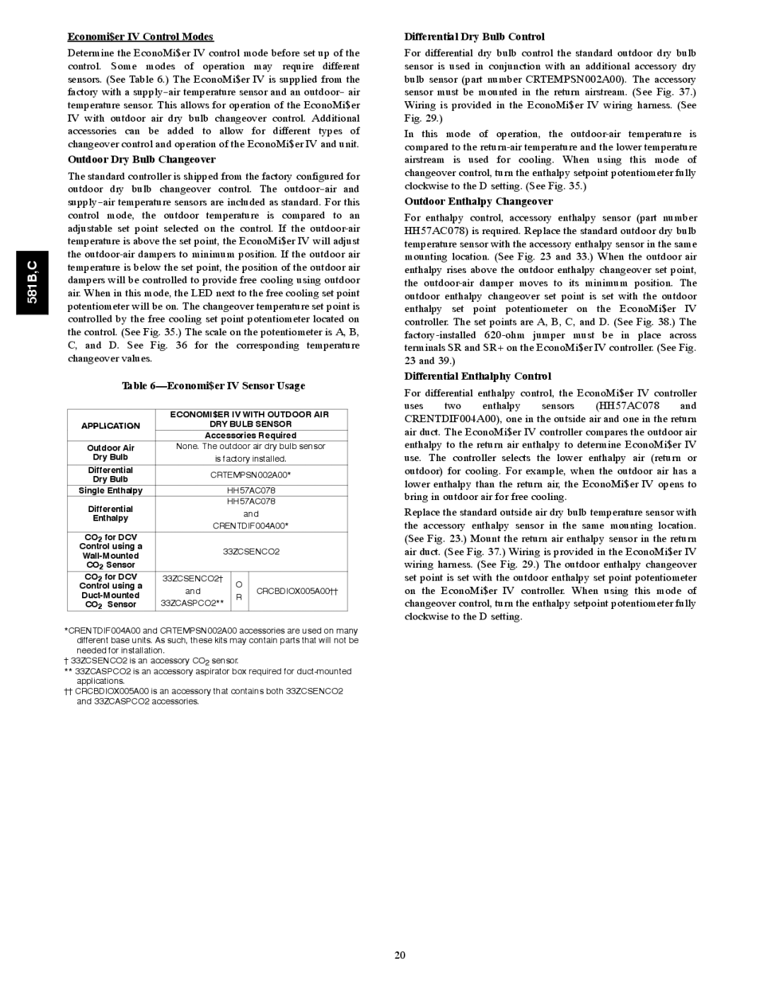 Bryant 581C024--060, 581B036--072 Economi$er IV Control Modes, Outdoor Dry Bulb Changeover, Economi$er IV Sensor Usage 