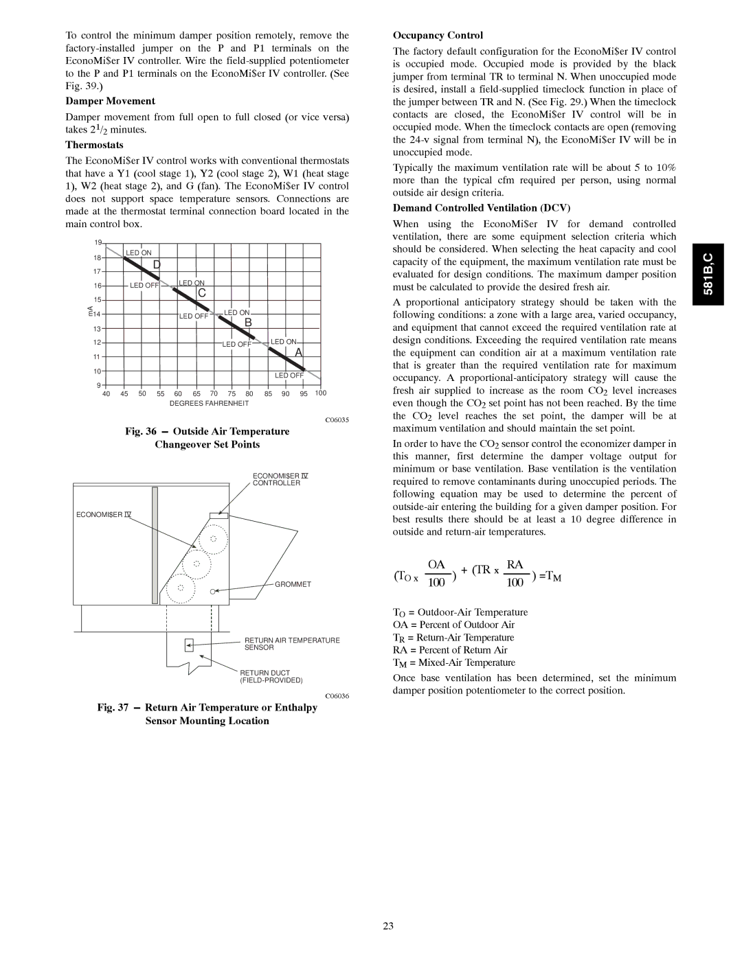 Bryant 581B036--072, 581C024--060 installation instructions Damper Movement, Thermostats, Demand Controlled Ventilation DCV 