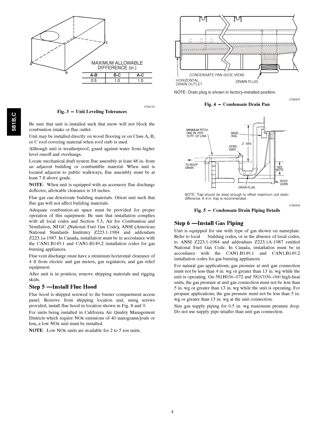 Bryant 581C024--060, 581B036--072 installation instructions Install Flue Hood, Install Gas Piping 