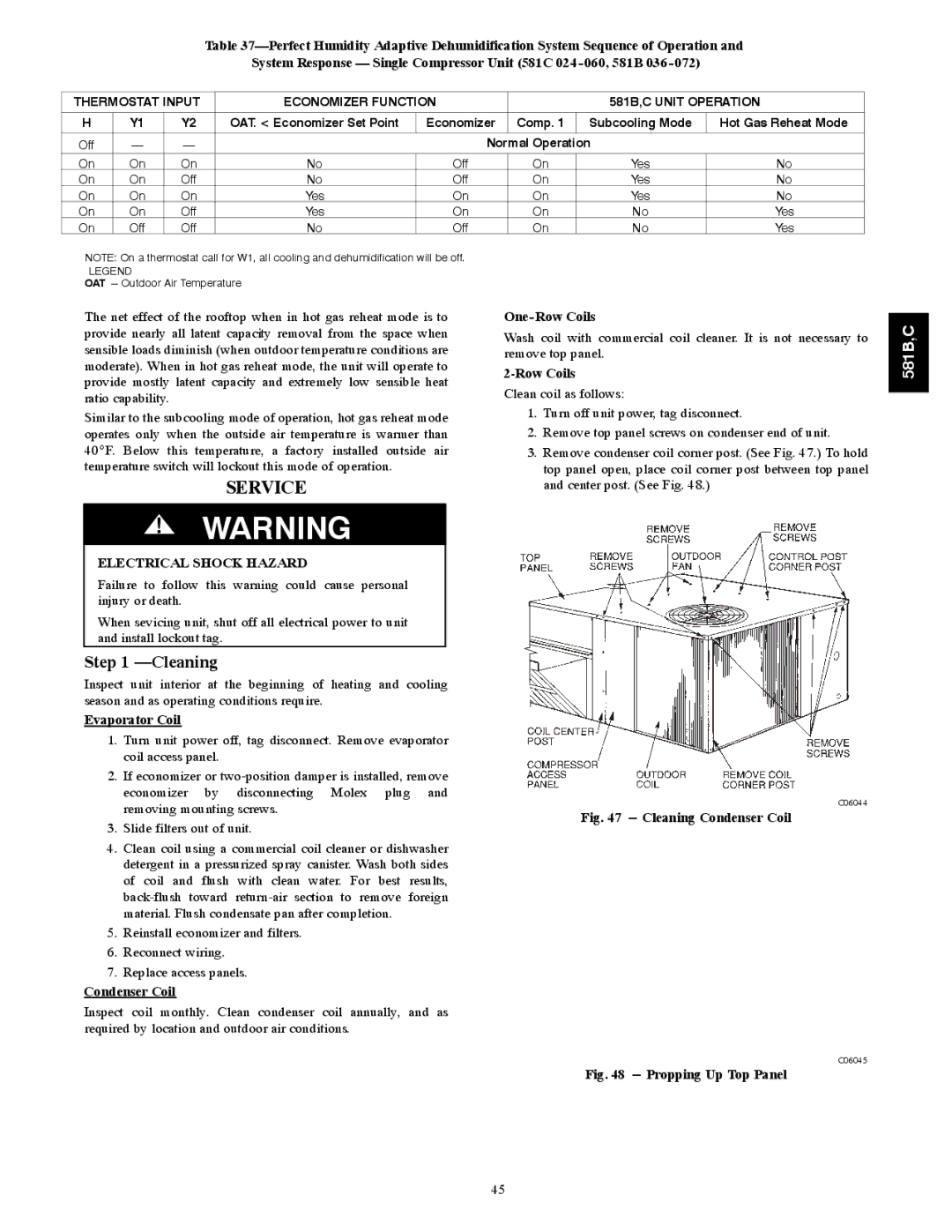 Bryant 581B036--072, 581C024--060 installation instructions Cleaning, Evaporator Coil, Condenser Coil, One-Row Coils 