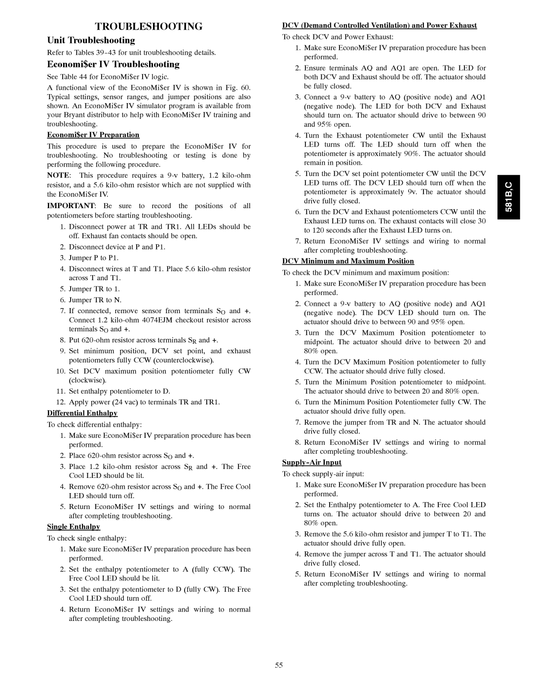 Bryant 581B036--072, 581C024--060 installation instructions Unit Troubleshooting, Economi$er IV Troubleshooting 