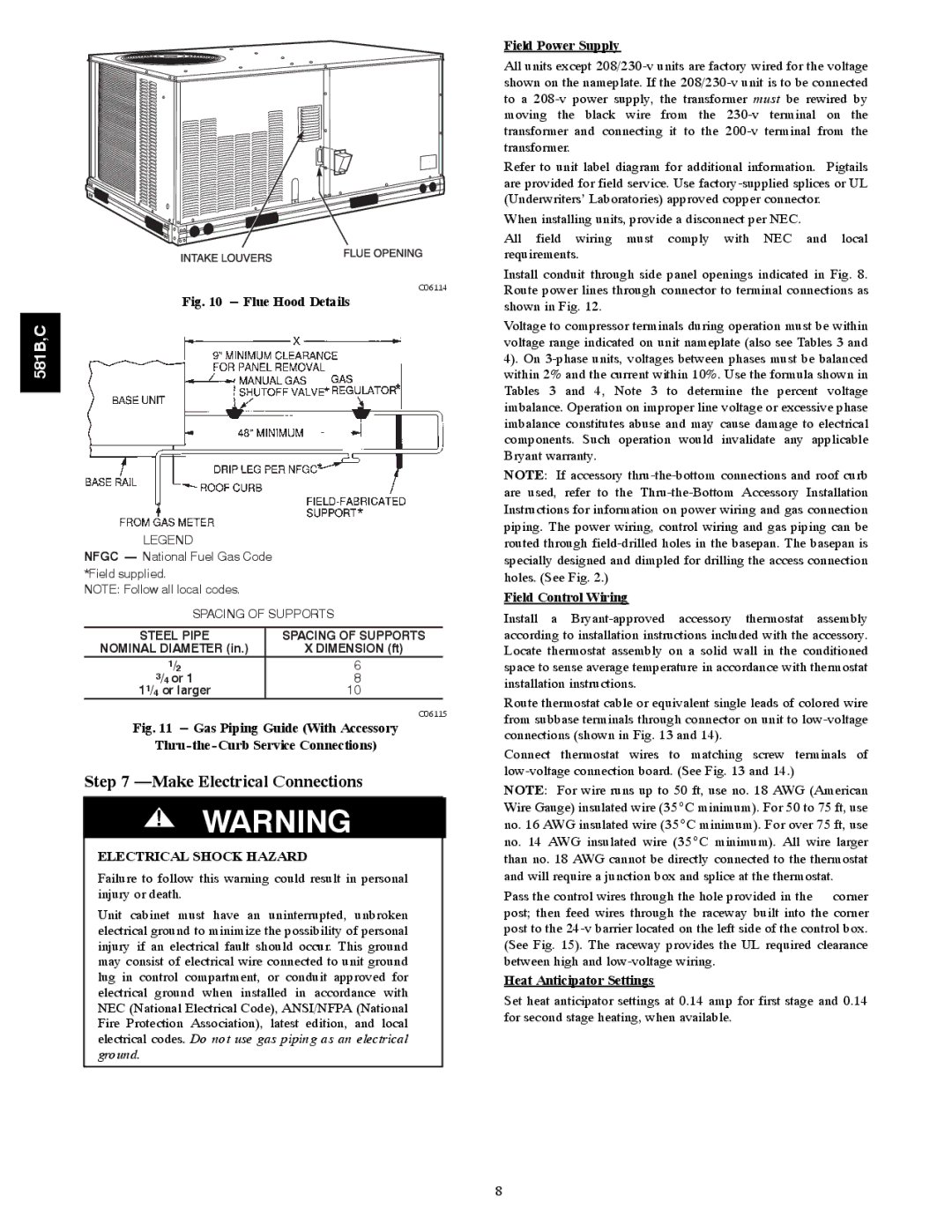 Bryant 581C024--060 Make Electrical Connections, Field Power Supply, Field Control Wiring, Heat Anticipator Settings 