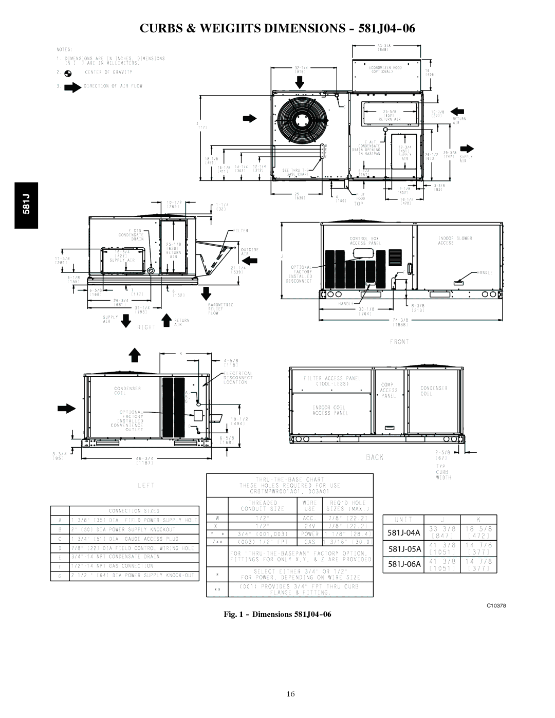 Bryant specifications Curbs & Weights Dimensions 581J04-06 