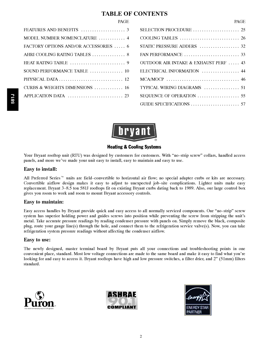 Bryant 581J specifications Table of Contents 