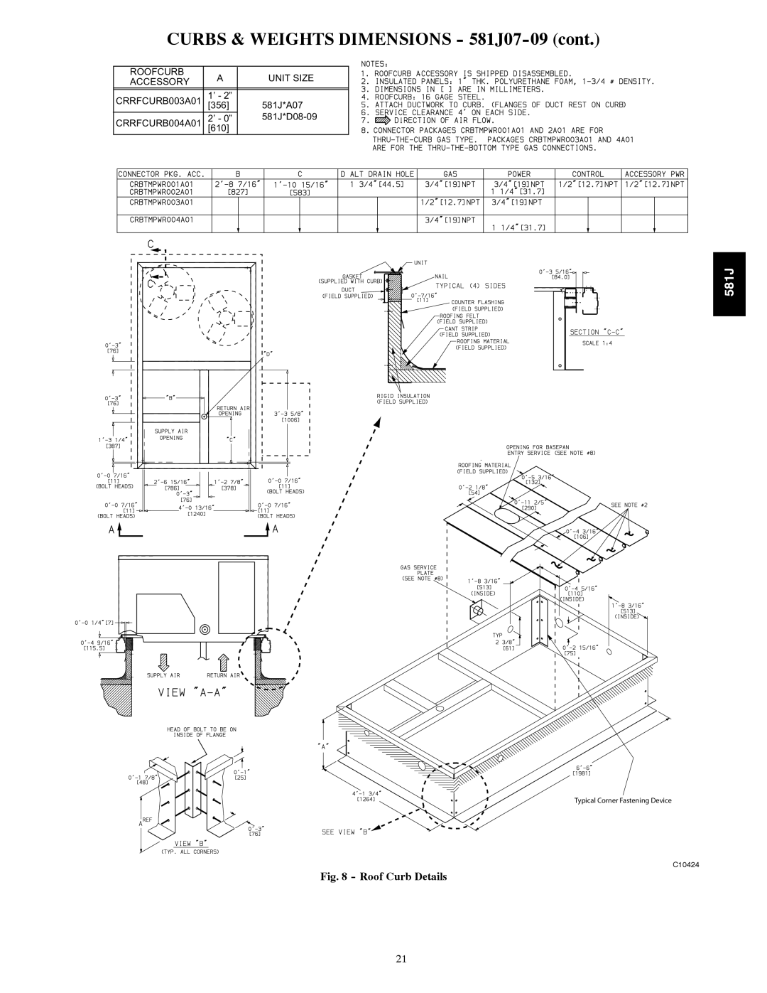 Bryant 581J specifications Roofcurb Unit Size Accessory CRRFCURB003A01 