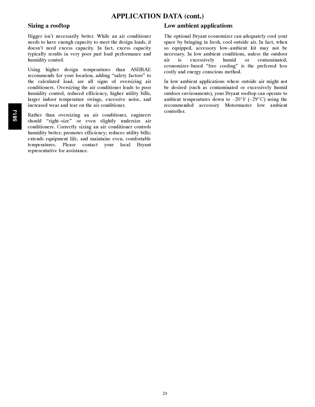 Bryant 581J specifications Application Data, Sizing a rooftop 