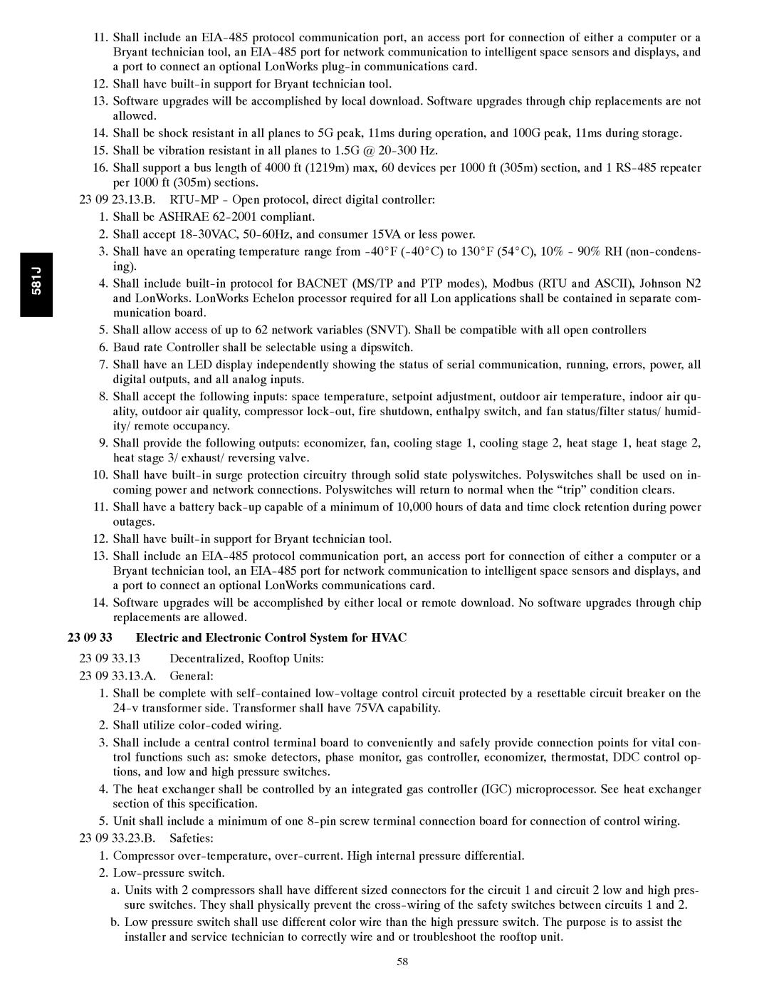 Bryant 581J specifications 23 09 33 Electric and Electronic Control System for Hvac 