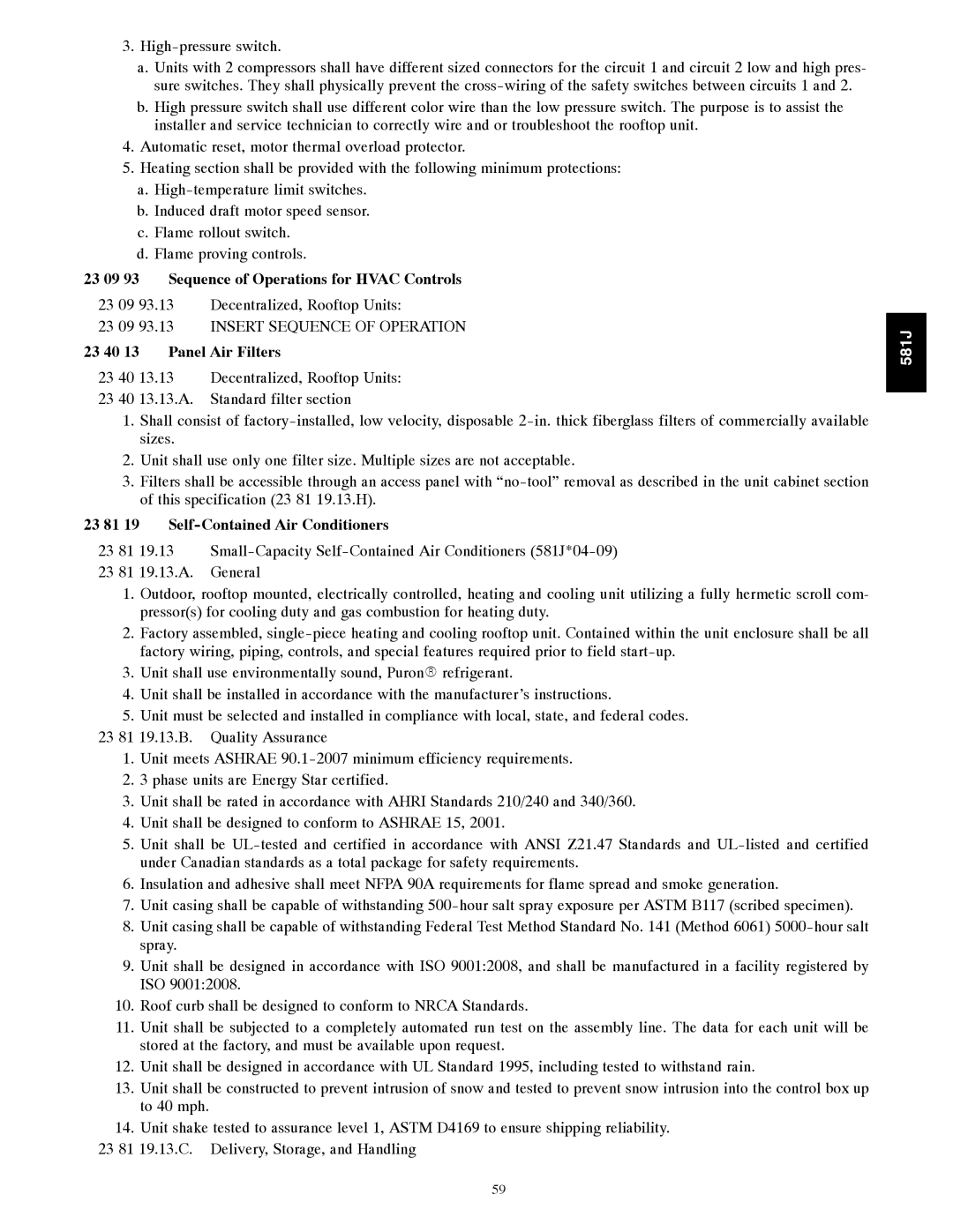 Bryant 581J specifications 23 09 93 Sequence of Operations for Hvac Controls, 23 40 13 Panel Air Filters 