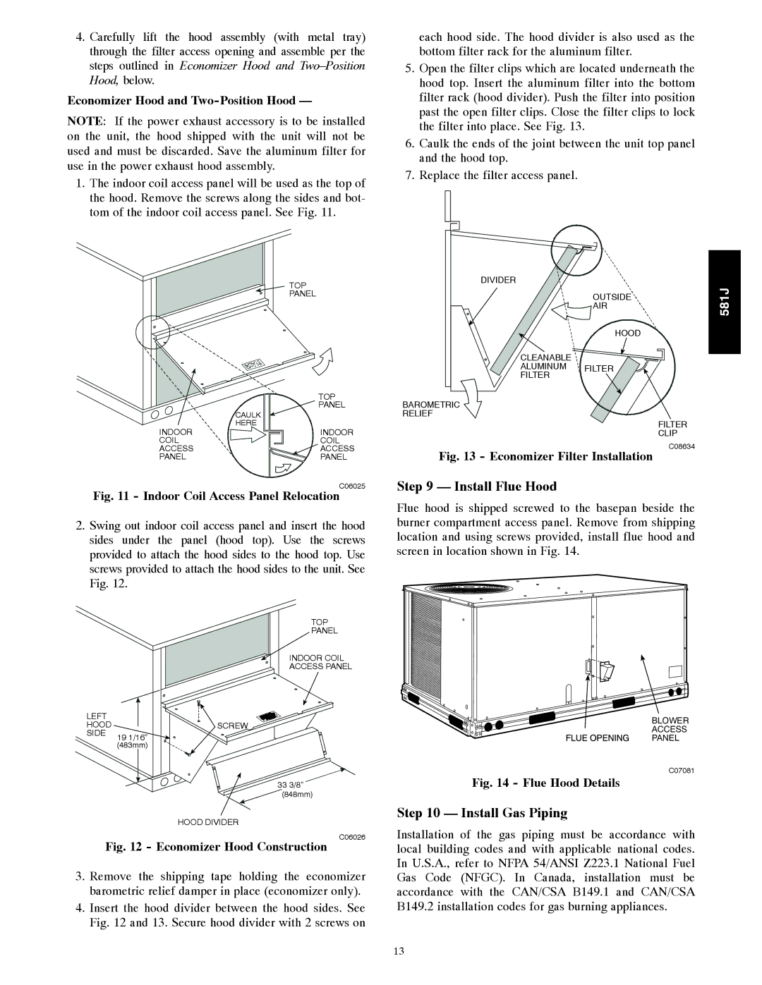 Bryant 581J installation instructions Install Flue Hood, Install Gas Piping, Economizer Hood and Two-Position Hood 