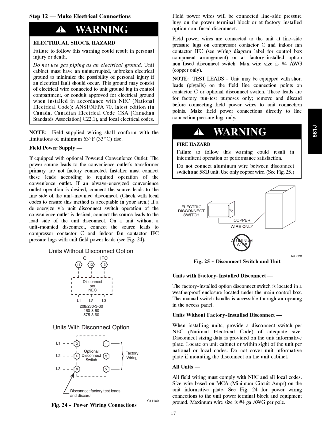 Bryant 581J Make Electrical Connections, Field Power Supply, Units Without Factory-Installed Disconnect, All Units 