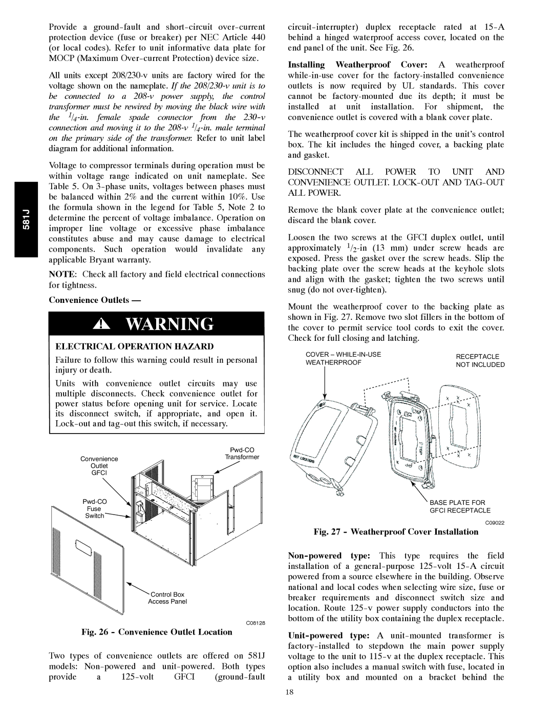 Bryant 581J installation instructions Convenience Outlet Location, Weatherproof Cover Installation 