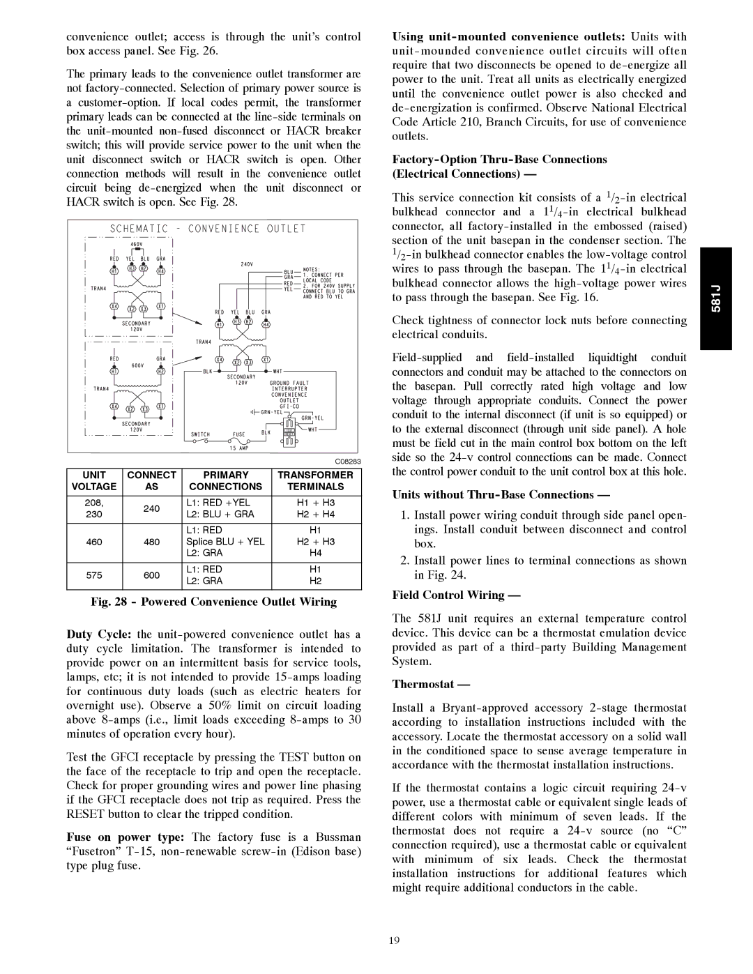 Bryant 581J Units without Thru-Base Connections, Field Control Wiring, Thermostat, Unit Connect Primary Transformer 