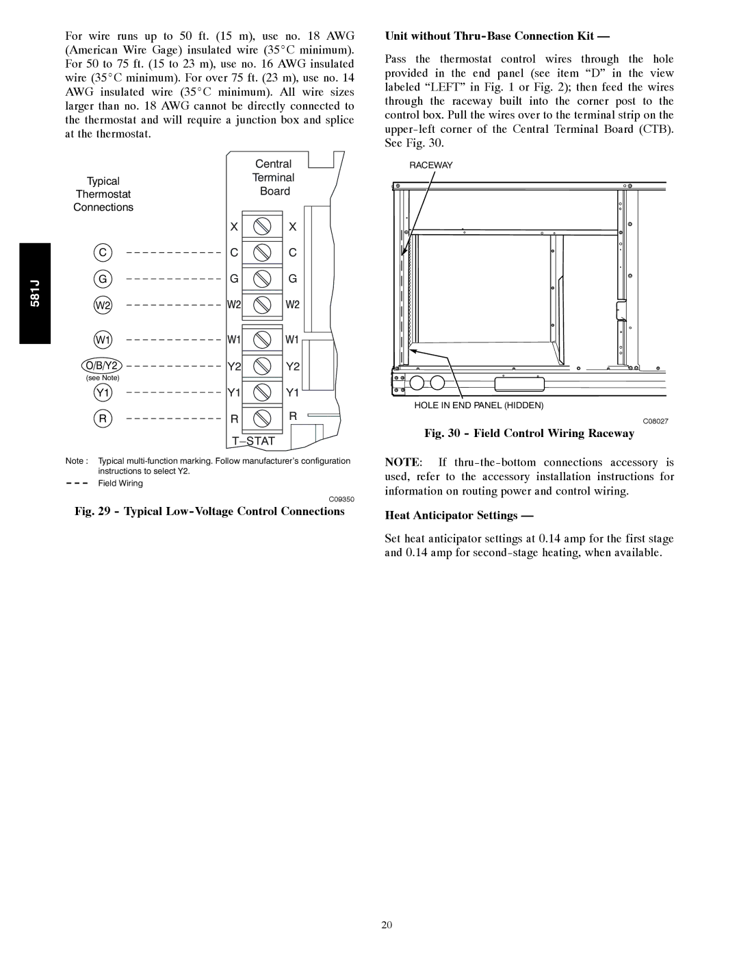 Bryant 581J installation instructions Field Control Wiring Raceway Heat Anticipator Settings 