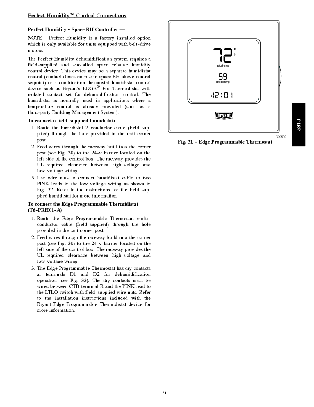 Bryant 581J installation instructions Perfect Humidityt Control Connections, Perfect Humidity Space RH Controller 