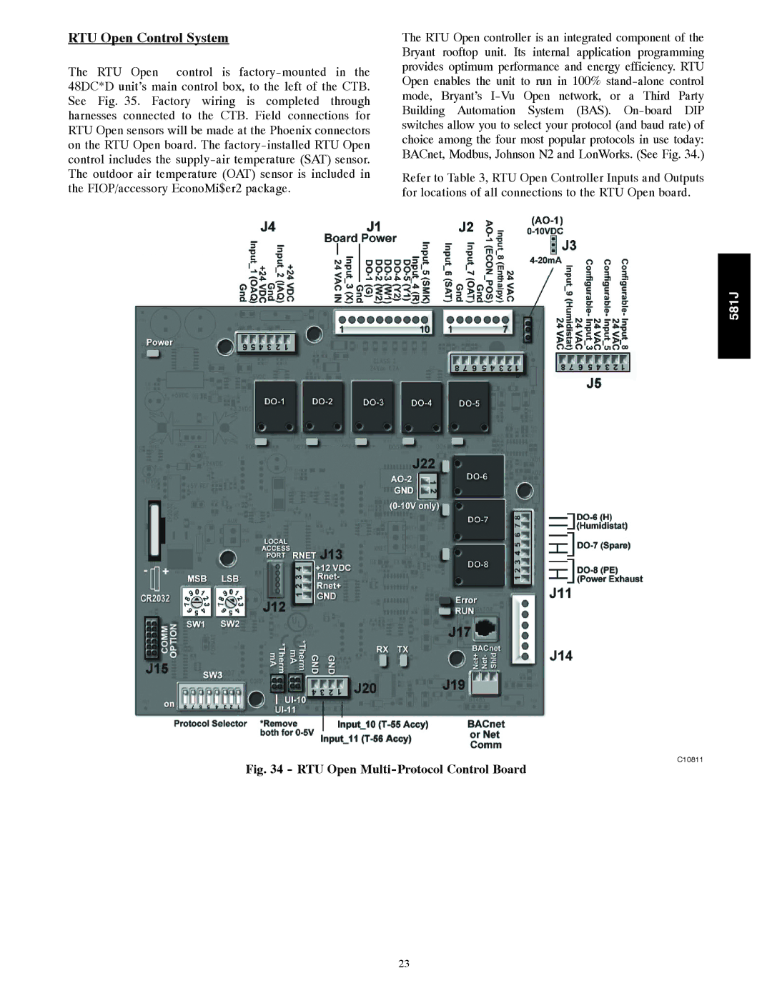 Bryant 581J installation instructions RTU Open Control System, RTU Open Multi-Protocol Control Board 