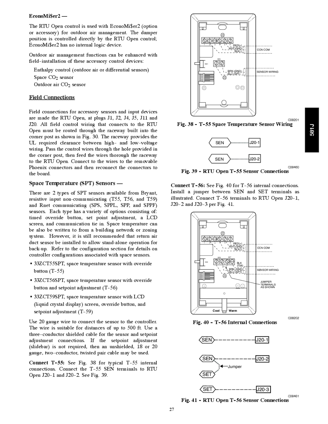 Bryant 581J installation instructions Field Connections, Space Temperature SPT Sensors, EconoMi$er2 