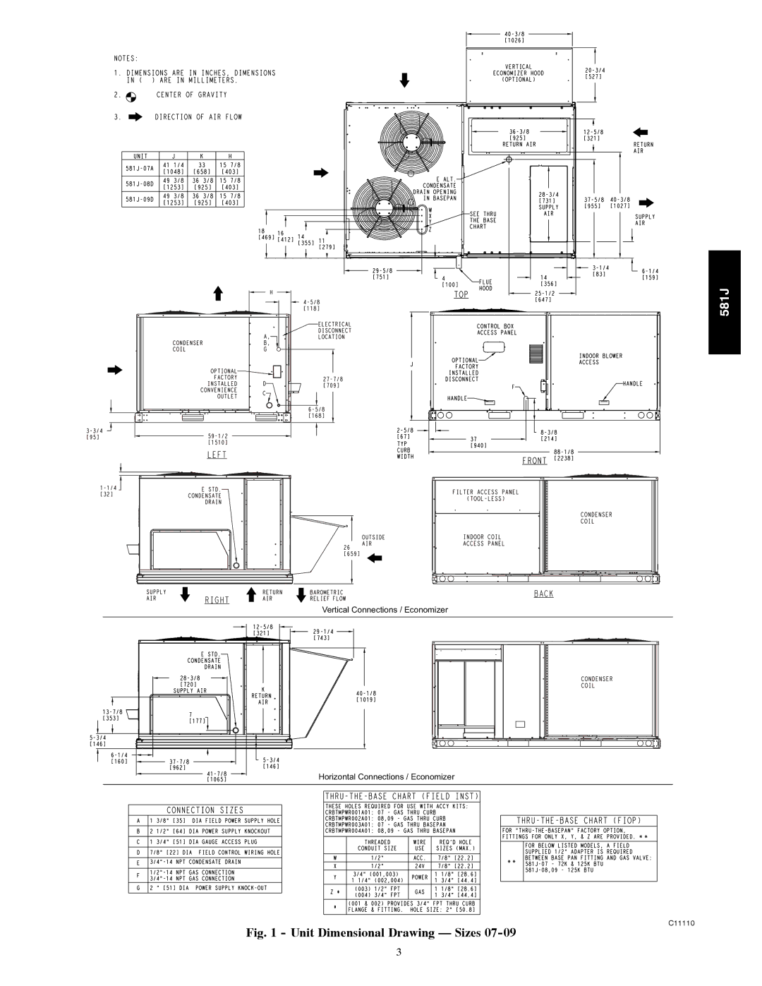 Bryant 581J installation instructions Unit Dimensional Drawing Sizes 