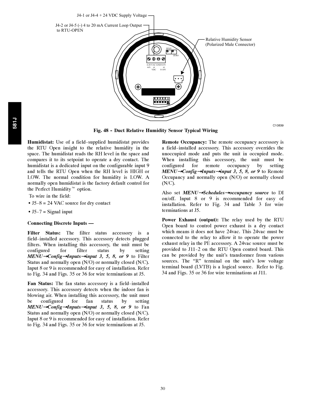 Bryant 581J installation instructions Duct Relative Humidity Sensor Typical Wiring, Connecting Discrete Inputs 