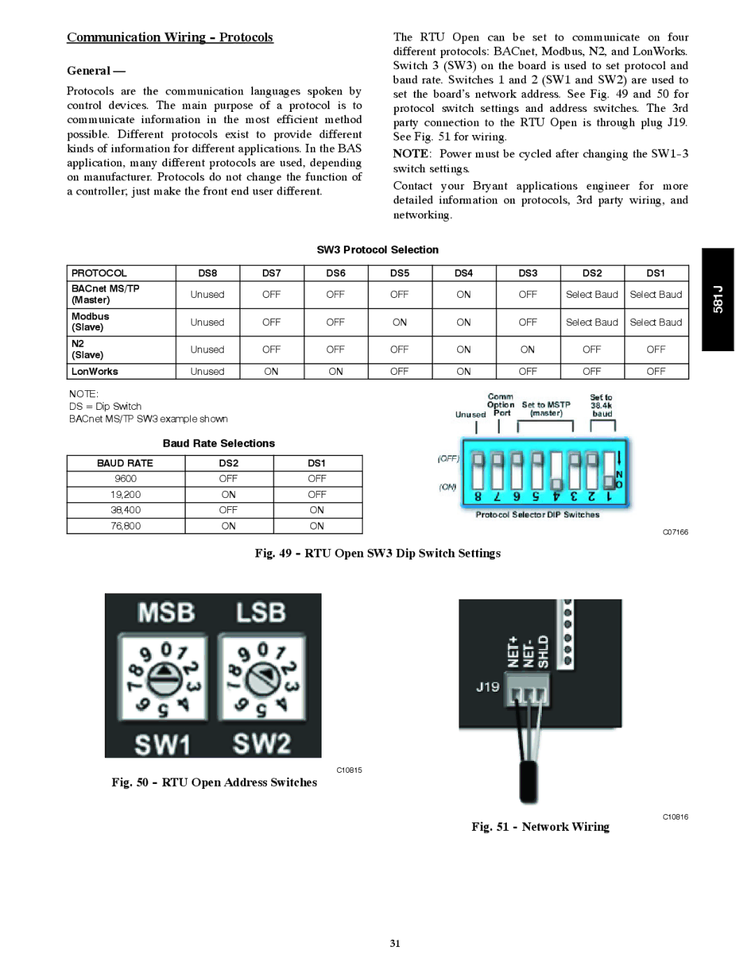 Bryant 581J Communication Wiring Protocols, General, Protocol DS8 DS7 DS6 DS5 DS4 DS3 DS2 DS1, Baud Rate DS2 DS1 