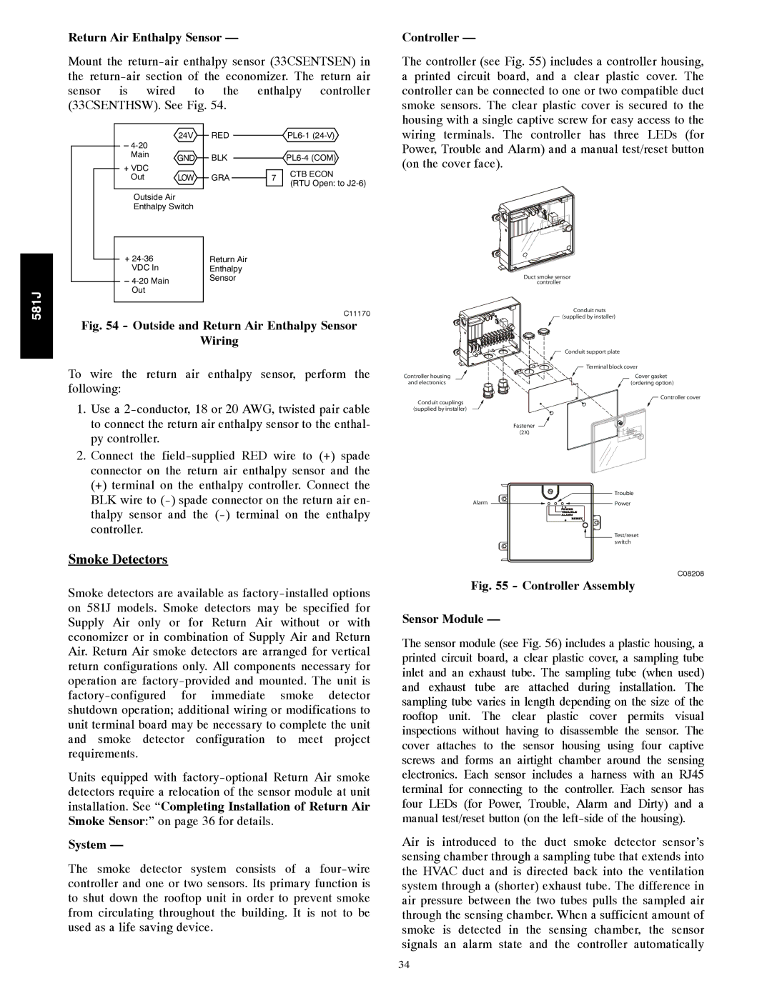 Bryant 581J installation instructions Smoke Detectors, Return Air Enthalpy Sensor, Wiring, System, Controller 