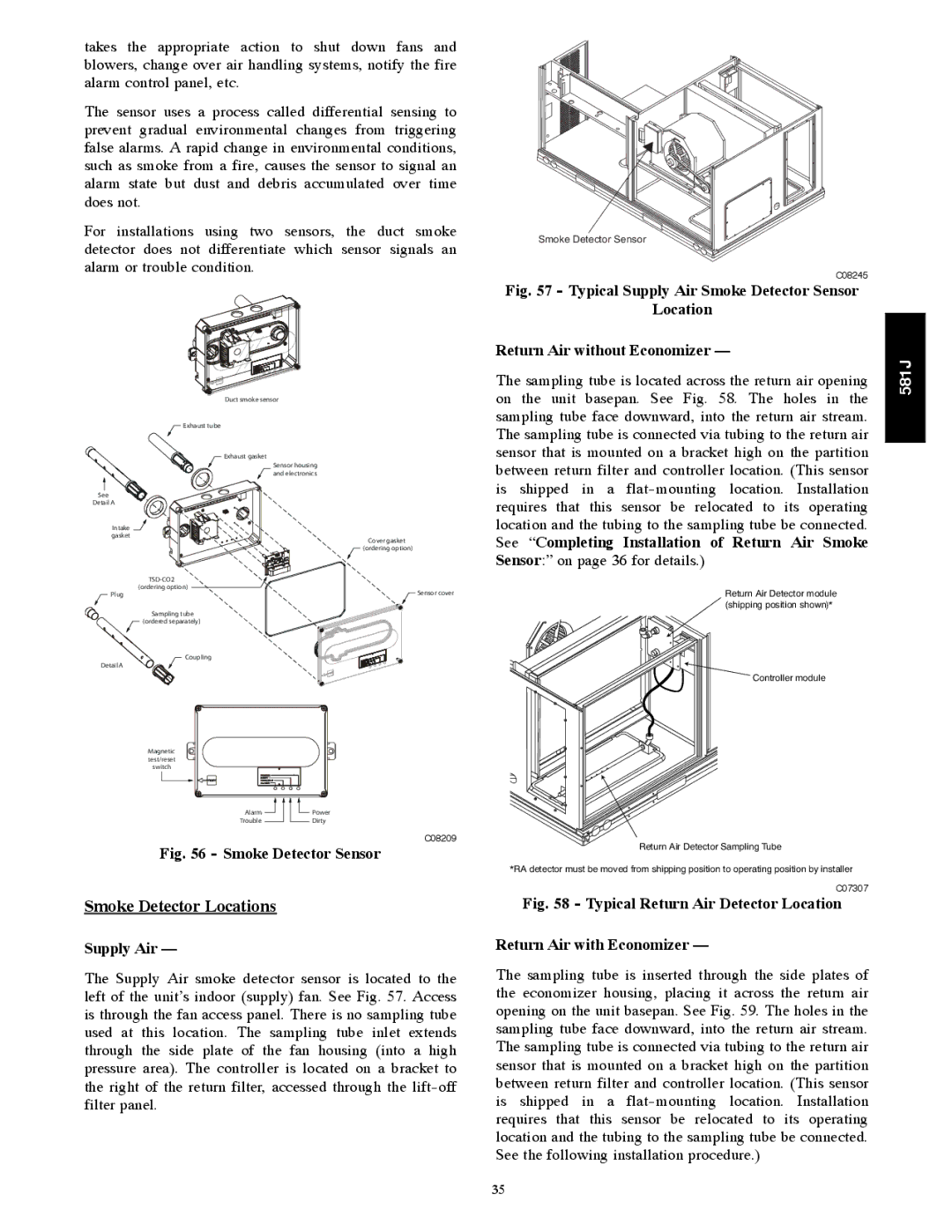 Bryant 581J installation instructions Smoke Detector Locations, See Completing Installation of Return Air Smoke, Supply Air 