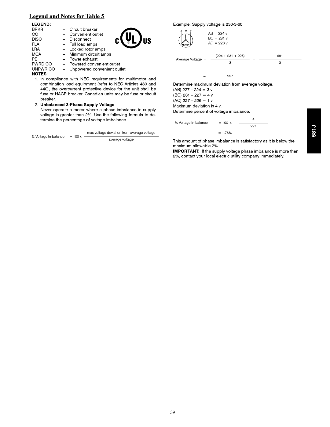 Bryant 581J installation instructions Unbalanced 3-Phase Supply Voltage 