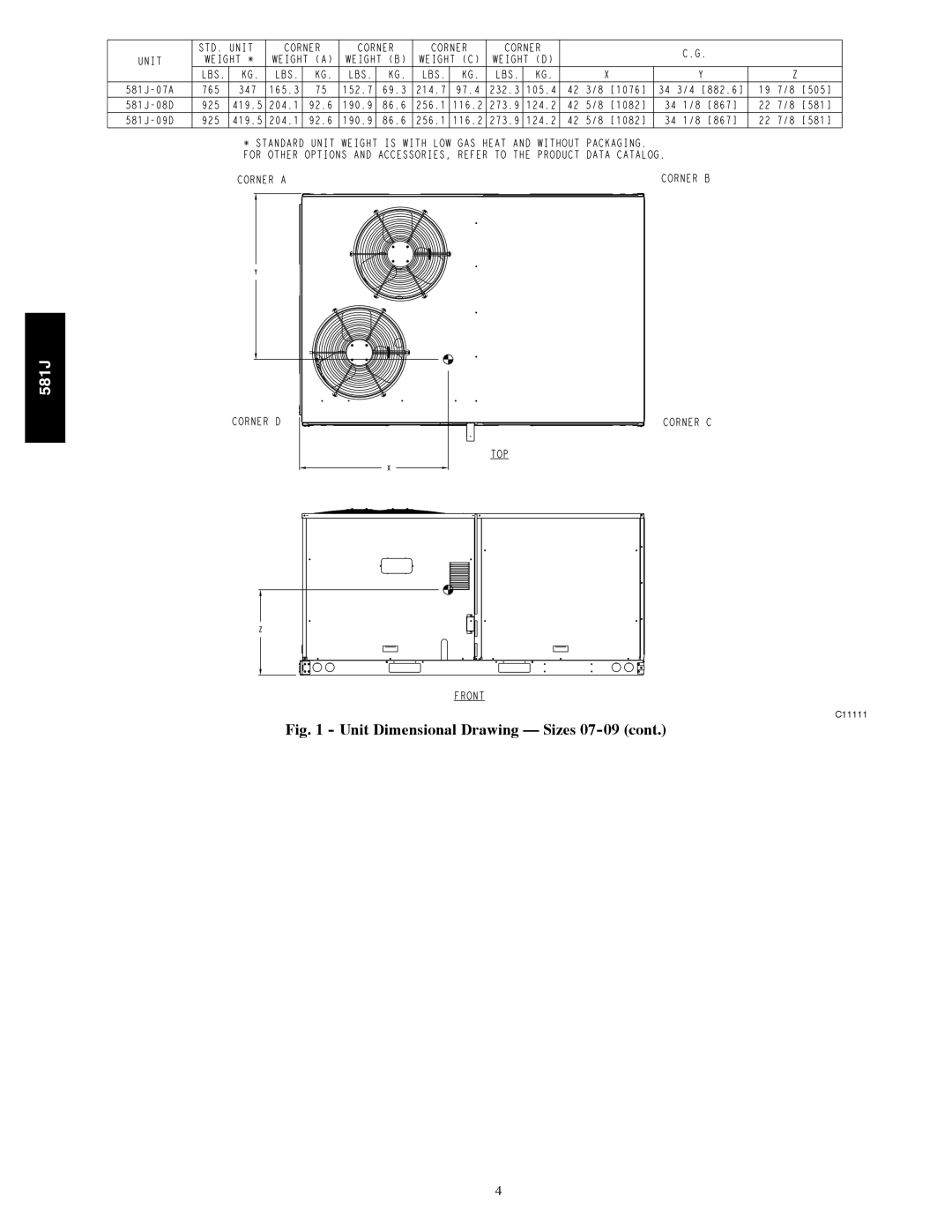 Bryant 581J installation instructions Unit Dimensional Drawing Sizes 07-09 