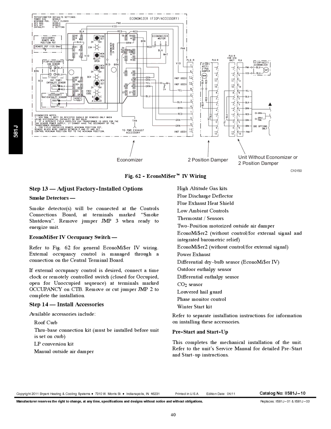 Bryant 581J Adjust Factory-Installed Options, Install Accessories, Smoke Detectors, EconoMi$er IV Occupancy Switch 